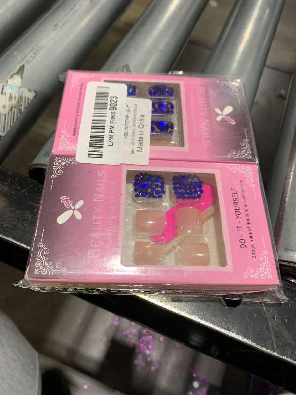 Photo 1 of 48 Pcs Diamond Press on Nails & Press on Toenails Set Blue Rhinestone Full Cover Glue on Nails Nude Stick on Toenails Artificial Acrylic False Toes Glossy Fake Nails for Women Manicure