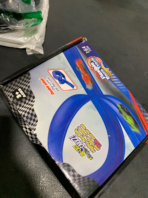 Photo 1 of 15 Ft Flexible Race Car Track for Kids, Double-Sided Racetrack for 1:64 Diecast Cars Toys, Rolls Up Portable Race Tracks with 4 Car & Suction Cups, Birthday Gifts for Boys Girls Ages 3-5 5-7, Blue