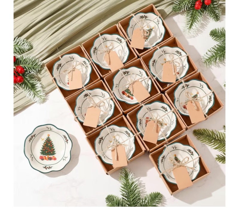 Photo 1 of 12 Pcs Christmas Favors for Guests Small Ceramic Bowl Bulk Gifts Set 3.3 Inch Christmas Tree Design Mini Dipping Bowl Sauce Dish with Cards Box for Xmas Party Favors Supplies