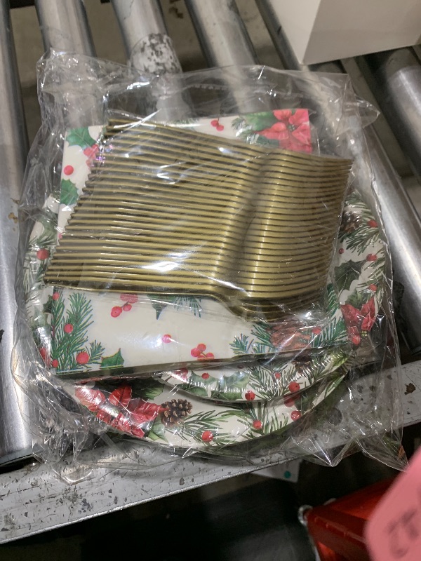 Photo 1 of 100 Pcs Vintage Christmas Tableware Party Supplies, Serves 25, Disposable Retro Santa Sleigh and Tree Paper Plates, Napkins, and Forks, Holiday Dinner, Winter Wonderland, Xmas Party Decorations
