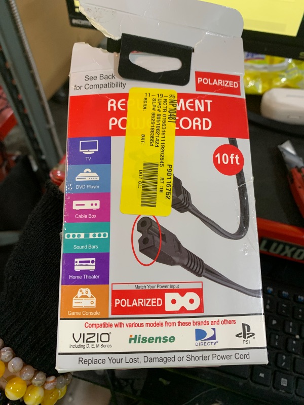 Photo 1 of 10-ft Replacement Polarized Power Cord, Works with VIZIO and Hisense TVs, DirecTV, Verizon, and Comcast Cable Boxes, VIZIO and Sanyo Soundbars, Blu-Ray and DVD Players,
