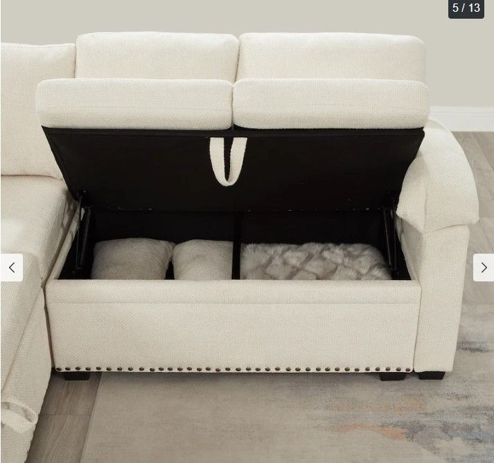 Photo 1 of **STOCK PHOTO FOR REFERENCE, BOX 2/4** KEIKI 97" L-Shaped Oversized Chenille Sectional Sofa with 1 Storage Ottoman, Pull-Out Bed, Upholstered Convertible 7-Seater Couch with Storage Seat, 2 Pillows, Easy Assembly, for Living Room, Beige