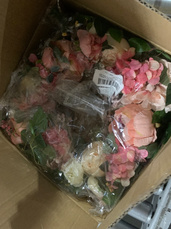 Photo 1 of [Lighted & Timer] 22" Spring Summer Wreaths for Front Door Peony Wreath with Lights Pink Silk Flower Hydrangea Rose Green Leaves Floral Wreath for Home Wall Window Wedding Party Indoor Outdoor Decor