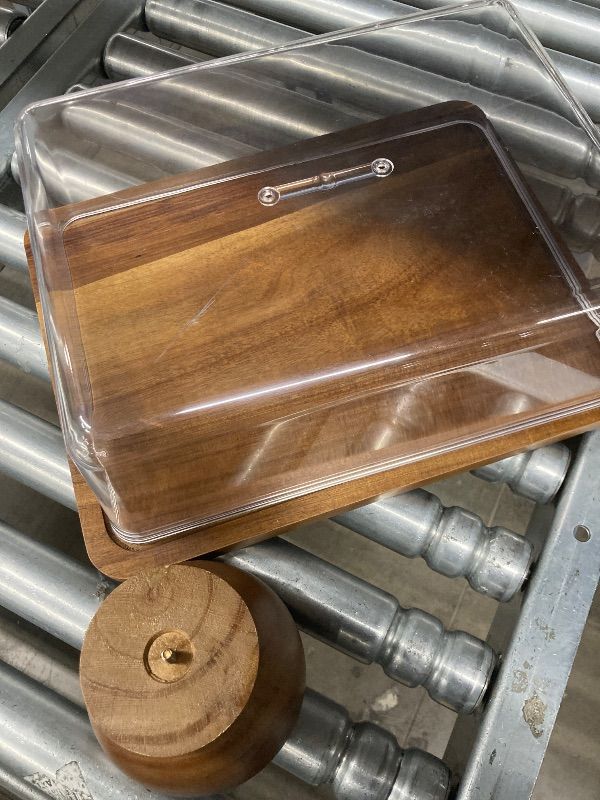 Photo 1 of **MISSING LID HANDLE/LIDS HAS CRACKS**Acacia Wood Cake Stand with Lid, 2-in-1 Rectangular Cake Holder, Large Dessert Table Display Set & Charcuterie Board with Acrylic Dome Cover, for Cheese, Chips, Fruit Platter