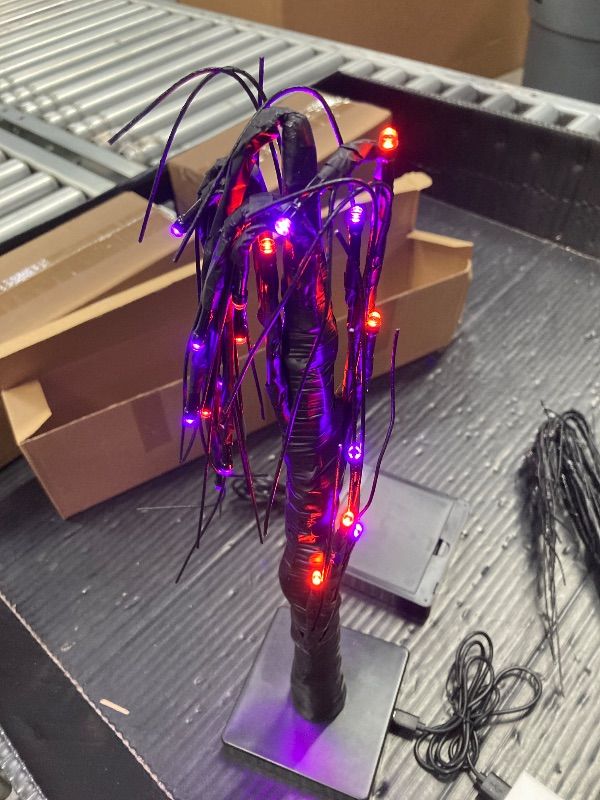 Photo 1 of ***Both  Up***2 Pack 24 Inch Black Halloween Tree with 24 LED Orange Purple Lights, USB/Battery Operated Halloween Table Decorations Tree Light with Timer, Scary Halloween Decorations Indoor for Home Party Decor***BOTH LIT UP**