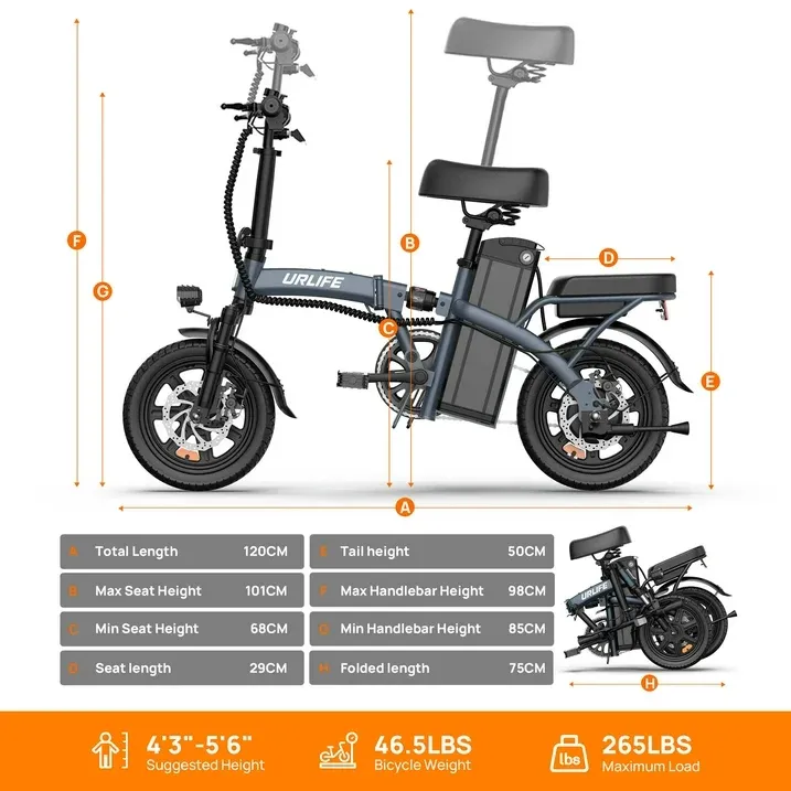 Photo 1 of **NO BOX/NO CHARGER/DAMAGED KEY KNOB**URLIFE 14"Folding Electric Bike for Adults,500W Peak Motor,48V 7.5AH Removable Battery,Mini Ebike for Adults City Commuter,UL2849-Gray
