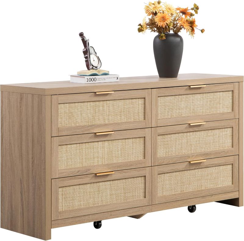 Photo 1 of 
SICOTAS Rattan Dresser for Bedroom, 57" Wide 6 Drawer Dresser with Ample Storage, Dressers Large Chest of Drawers, Closet, Boho TV Stand for Bedroom (Reclaimed Light Oak, 1 Piece)