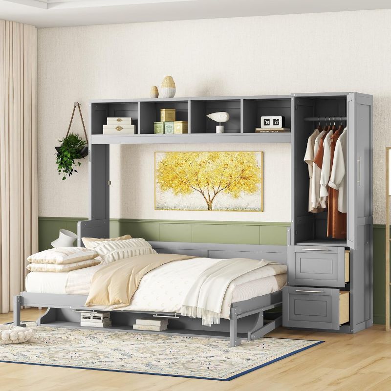 Photo 1 of **PARTIAL SET/BOX 3 OF 4 ONLY**Foldable Murphy Bed,Space-Saving Wall Bed with Closet and Drawers for Bedroom,No Box Spring Needed (Grey, Queen (U.S. Standard))