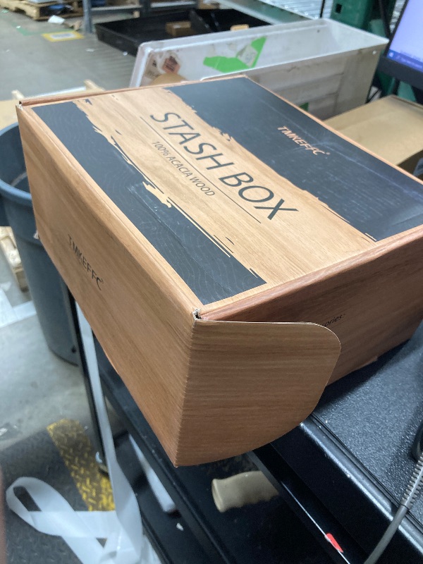 Photo 1 of **LOCK IS OFF AND DAMAGED WOOD CORNER***TMKEFFC Lockable Acacia Wood Stash Box with Rolling Tray & Hygrometer – Smell Proof Storage with 3 Glass Jars & Combination Lock, Ideal Gift for Him/Dad/Husband