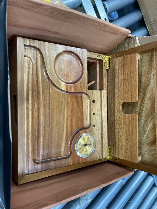 Photo 1 of **LOCK IS OFF AND DAMAGED WOOD CORNER***TMKEFFC Lockable Acacia Wood Stash Box with Rolling Tray & Hygrometer – Smell Proof Storage with 3 Glass Jars & Combination Lock, Ideal Gift for Him/Dad/Husband