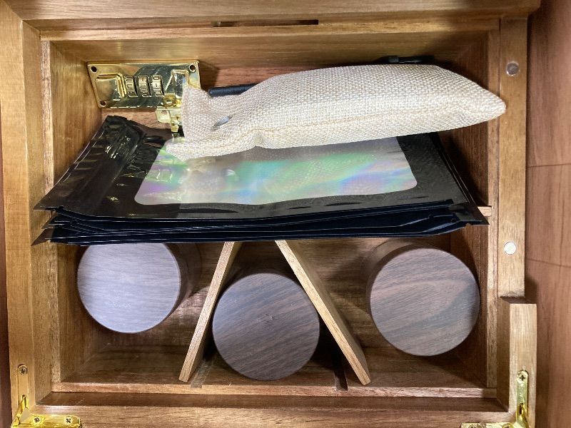Photo 1 of **LOCK IS OFF AND DAMAGED WOOD CORNER***TMKEFFC Lockable Acacia Wood Stash Box with Rolling Tray & Hygrometer – Smell Proof Storage with 3 Glass Jars & Combination Lock, Ideal Gift for Him/Dad/Husband