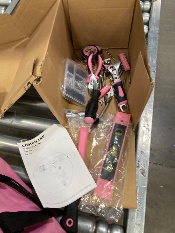 Photo 1 of ***MISSING PARTS/NO DRILL***COMOWARE 12V Cordless Drill Set, Pink Hand Tool Set with Cordless Drill Driver, Complete Repair Tool Kit for Women, Storage Bag, Ideal for Office, Garden, Dorm and DIY Project