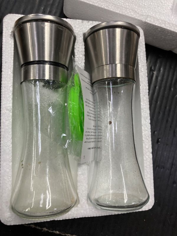 Photo 1 of ***DAMAGE -NOT FUNCTIONING PROPERLY*** Home EC Premium Stainless Steel Sea Salt and Pepper Grinder Set of 2 - Adjustable Ceramic - Tall Glass Salt and Pepper Shakers - Kitchen Spice Mill W/Funnel & EBook