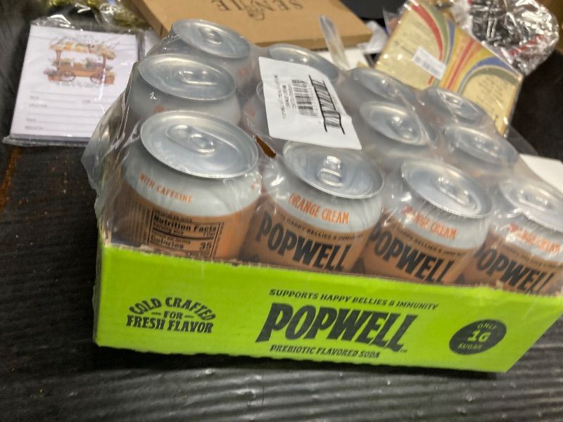Photo 1 of 12 PACK Popwell Caffeine Orange Cream Better-For-You Prebiotic Soda, with 6g Fiber, 1g Sugar, Vitamins and Immunity Support, 12 fl oz Can