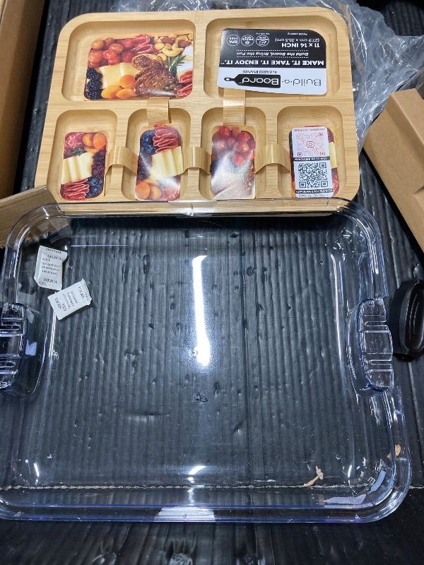 Photo 1 of ***1 HANDLE IS BROKEN***Farberware Build-A-Board Bamboo Cutting Board with Built-In Compartments & Clear Locking Lid, Black Handles – Charcuterie, Snack Tray, Food Prep and Serving Platter***1 HANDLE IS BROKEN***