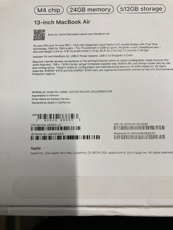 Photo 1 of **Missing Charging BLOCK** Apple 2025 MacBook Air 13-inch Laptop with M4 chip: Built for Apple Intelligence, 13.6" Liquid Retina Display, 24GB Unified Memory, 512GB SSD Storage, 12MP Center Stage Camera, Touch ID, Silver