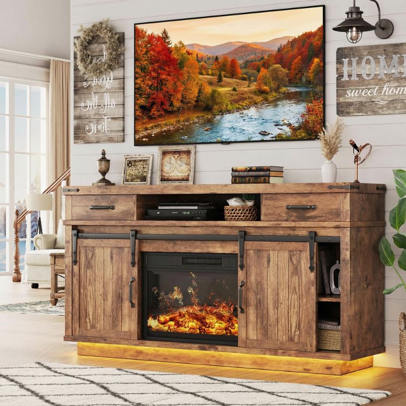 Photo 1 of ***BOX 1 OF 2 ONLY/MISSING FIREPLACE/SOME DAMAGE TO WOOD-SEE PICS****59'' Fireplace TV Stand with 3D Flame Electric Fireplace Heater, 34'' Tall Farmhouse TV Stand for 65 Inch TV, Entertainment Center TV Console with 2 Drawers, Sliding Barn Door for Living