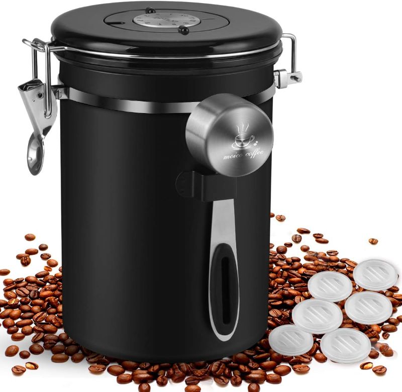 Photo 1 of **MISSING SPOON***Coffee Canister, MOICO 22oz Stainless Steel Airtight Coffee Bean Storage Container with Scoop, Large Capacity Coffee Jar with Date Tracker, Scale Line, One-Way Co2 Valve (Extra 6 PC) - Black