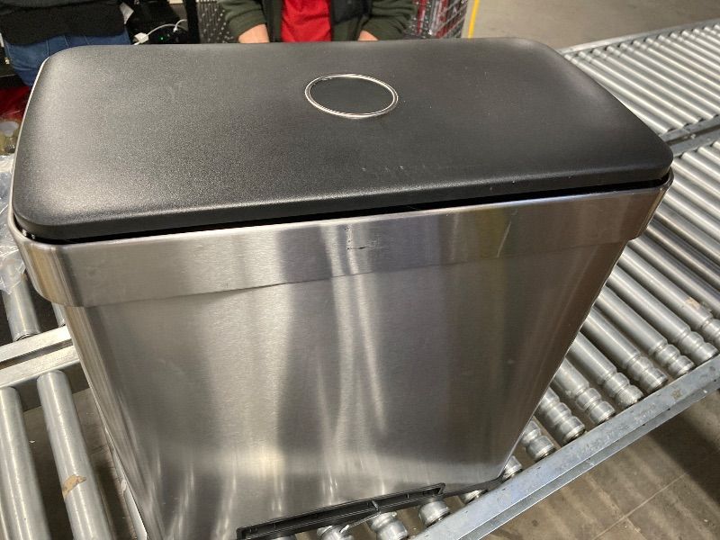 Photo 1 of **FOOT PETAL IS BROKE OFF**Amazon Basics Dual Compartment Recycling Trash Can with Soft-Close Lid, Fingerprint Resistant, Removable Liner Buckets, 60 Liters, Rectangular, Grey, Silver