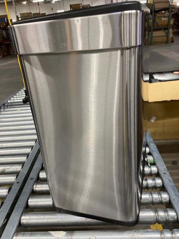 Photo 1 of **FOOT PETAL IS BROKE OFF**Amazon Basics Dual Compartment Recycling Trash Can with Soft-Close Lid, Fingerprint Resistant, Removable Liner Buckets, 60 Liters, Rectangular, Grey, Silver