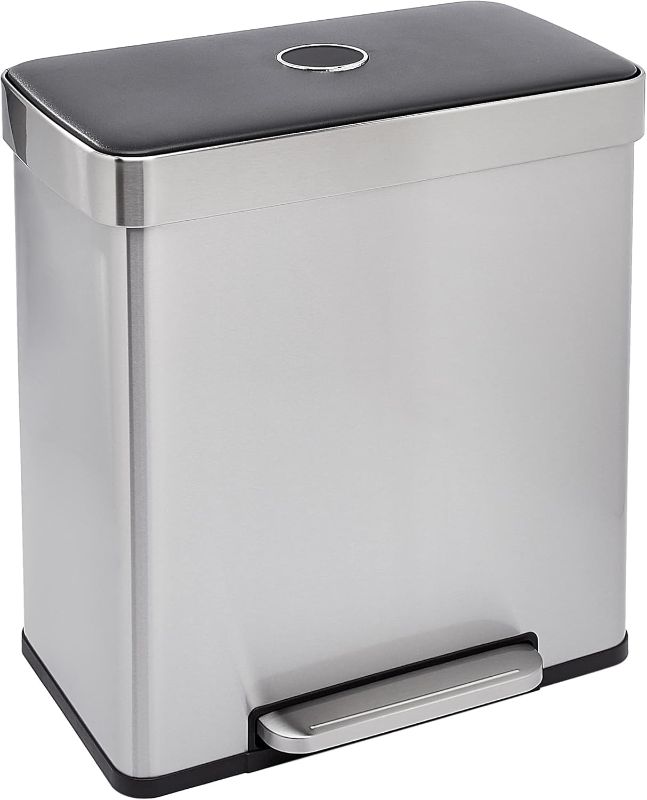 Photo 1 of **FOOT PETAL IS BROKE OFF**Amazon Basics Dual Compartment Recycling Trash Can with Soft-Close Lid, Fingerprint Resistant, Removable Liner Buckets, 60 Liters, Rectangular, Grey, Silver