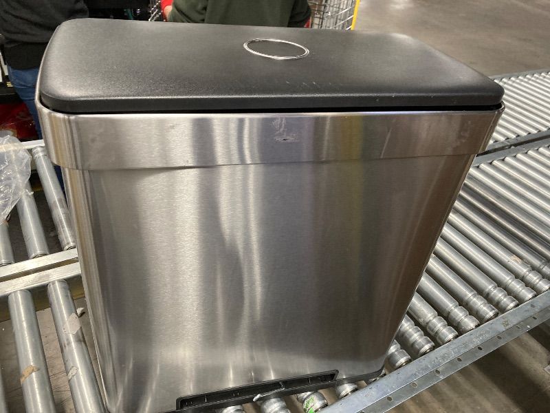 Photo 1 of **FOOT PETAL IS BROKE OFF**Amazon Basics Dual Compartment Recycling Trash Can with Soft-Close Lid, Fingerprint Resistant, Removable Liner Buckets, 60 Liters, Rectangular, Grey, Silver
