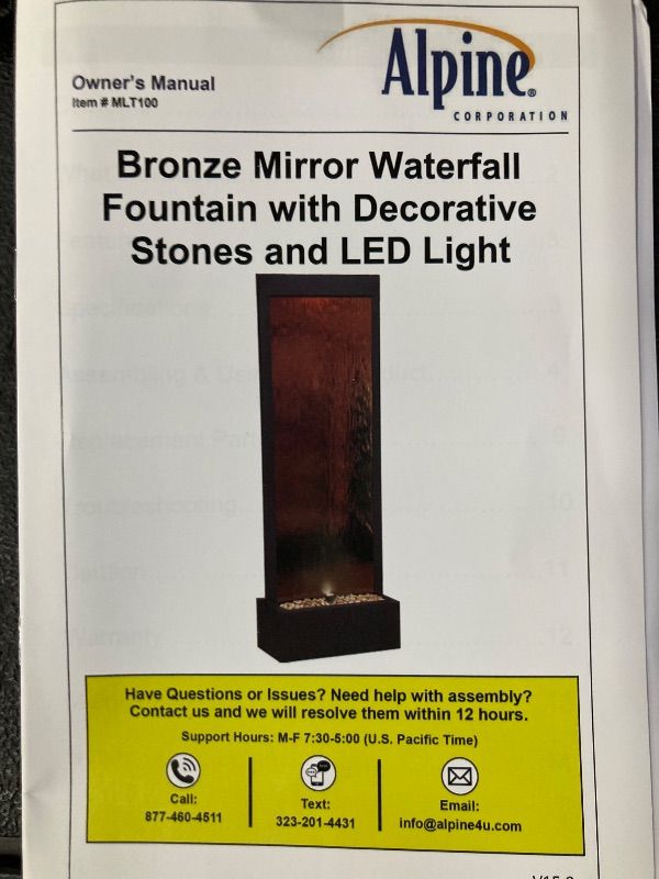 Photo 1 of ***MISSING BOX 1 OF 2 - SELLING AS IS -PARTS ONLY*** Bronze Mirror Waterfall Fountain with Decorative Stones and LED light