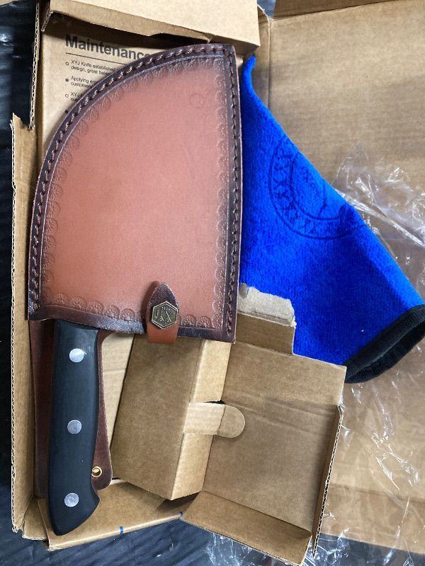 Photo 1 of ***MAJOR BLADE DAMAGE***XYJ Authentic Since 1986,Outstanding Ancient Forging, 7.5 Inch Full Tang, Serbian Chefs knife,Chef Meat Cleaver,Kitchen Knives,Set with Leather Sheath,Take Carrying,Butcher ***MAJOR BLADE DAMAGE***