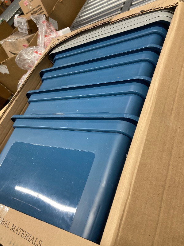 Photo 1 of **MISSING ONE LID***IRIS USA File Box Plastic File Organizer for Letter/Legal File, Document Box, Durable Storage Bin Tote with Secure Latching Lid, Stackable, BPA-Free, Eco Friendly, Sustainable, Navy/Gray 35 Qt. 4 Pack
