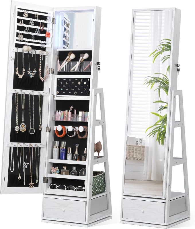 Photo 1 of  Swivel Jewelry Cabinet with Lights, Touch Screen Vanity Mirror, Rotatable Full Length Mirror with Jewelry Storage, Standing Jewelry Armoire Organizer, Foldable Makeup Shelf, White
