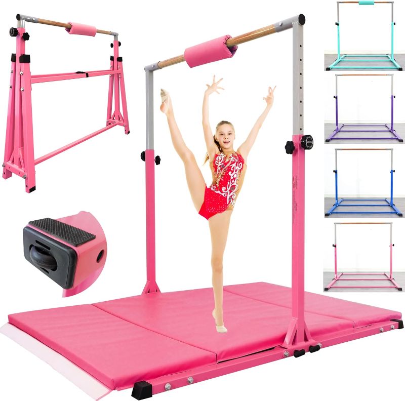 Photo 1 of ***MISSING PARTS***Foldable Gymnastics Bar for Kids, Adjustable Height from 35" to 59", 350 LBS Capacity, Home Gym Equipment for Kids Ages 3-18, Anti -Slip Rubber Feet,Unique Stable Structure