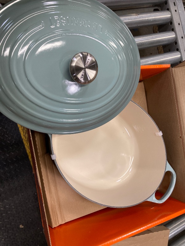 Photo 1 of **CRACK ON HANDLE-SEE PICS/MISSING LID KNOB****Le Creuset Enameled Cast Iron Signature Oval Dutch Oven, 8 qt., Sea Salt