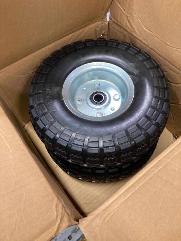 Photo 1 of (2 Pack) 10 Inch Solid Polyurethane Tire 4.10/3.50-4 Tire, 10" Flat Free Wheels with 5/8" Bearings, 2.2" Offset Hub for Garden Cart, Hand Truck, Lawn Cart, Mower
