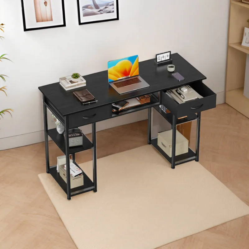 Photo 1 of ***Majority of require pieces are missing and there are no screws, leg pieces are also missing***CONCETTA 48 inch Small Desk with Fabric Drawers & Storage Shelves, Computer Desk, Writing Desk for Home Office, Bedroom, Black***Majority of require pieces ar