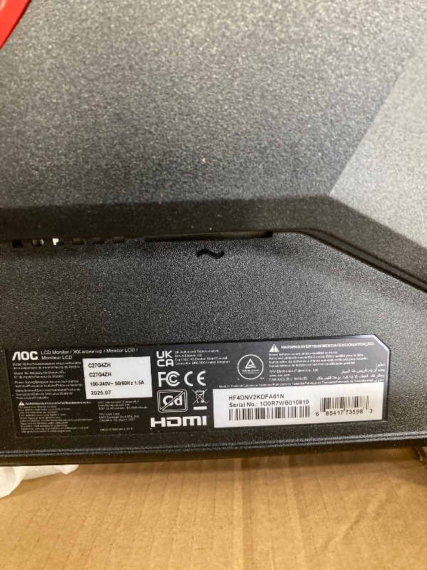 Photo 1 of ***NO CORD***AOC C27G4ZH 27" Curved Frameless Ultra-Fast Gaming Monitor, FHD 1080p, 0.3ms HDMI 240Hz/DP 280Hz, 1500R, AMD FreeSync, HDR, Height Adjustable, 3-Year Zero Dead Pixel Guarantee