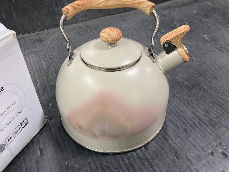 Photo 1 of ***OUTER COATING IS DAMAGED***LONFFERY Tea Kettle for Stove Top, 2.5 Quart Whistling Tea Kettle, with Food Grade Stainless Steel and Wood Pattern Folding Handle, Creamy White***OUTER COATING IS DAMAGED***
