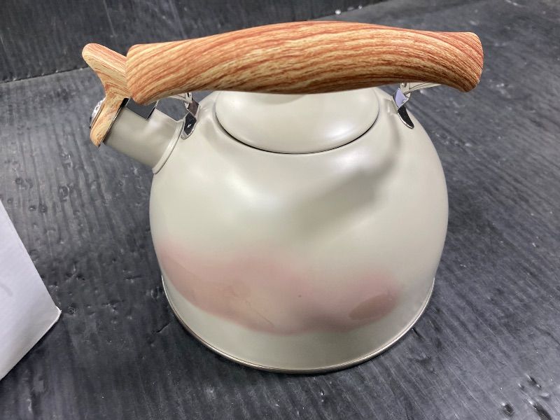Photo 1 of ***OUTER COATING IS DAMAGED***LONFFERY Tea Kettle for Stove Top, 2.5 Quart Whistling Tea Kettle, with Food Grade Stainless Steel and Wood Pattern Folding Handle, Creamy White***OUTER COATING IS DAMAGED***