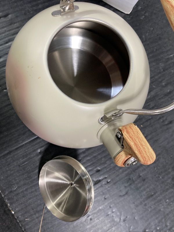 Photo 1 of ***OUTER COATING IS DAMAGED***LONFFERY Tea Kettle for Stove Top, 2.5 Quart Whistling Tea Kettle, with Food Grade Stainless Steel and Wood Pattern Folding Handle, Creamy White***OUTER COATING IS DAMAGED***