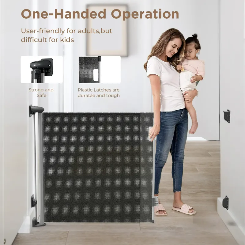 Photo 1 of "Fxcoia Retractable Baby Gate, 71"" Wide x 38"" Tall, Safety Mesh Dog Gate for Doorways and Stairs, Black"
