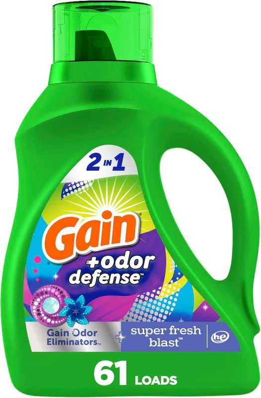 Photo 1 of  2 OF Gain Odor Defense Liquid Laundry Detergent, Super Fresh Blast Scent, 88 fl oz, 61 loads, 2 in 1, Laundry Detergent Liquid Soap, HE compatible