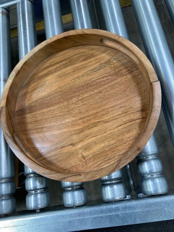 Photo 1 of ***DAMAGE -SMALL CRACK -SELLING AS IS *** Samhita Round Serving Acacia Wooden Tray with Handles for Serving Beverages & Food on Bar Living Room Home Dining Table (12" x 12" x 1.6")