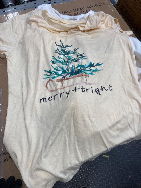 View 1 of "Merry + Bright" Christmas Shirt, Tan, Women's, S