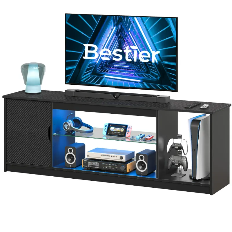 Photo 1 of *Pieces broken* Bestier LED TV Stand for 65"TV,Entertainment Center with PS5 Storage,Media Console Table with Adjustable Storage Shelf-Black Carbon Fiber