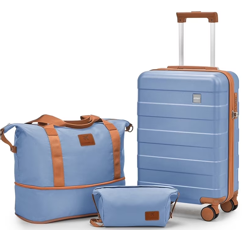 Photo 1 of *Skuffed* Joyway 3-Piece Luggage Set 20-Inch Carry-On Suitcase with Spinner Wheels TSA Lock Travel Duffel Bag and Toiletry Bag Hardside Lightweight Luggage Ice Blue
