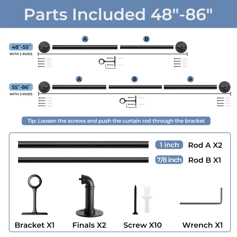Photo 1 of 1 Inch Industrial Adjustable Curtain Rod for Windows 48 to 86,Indoor/Outdoor Pipe Wrap Around Curtain Rod
