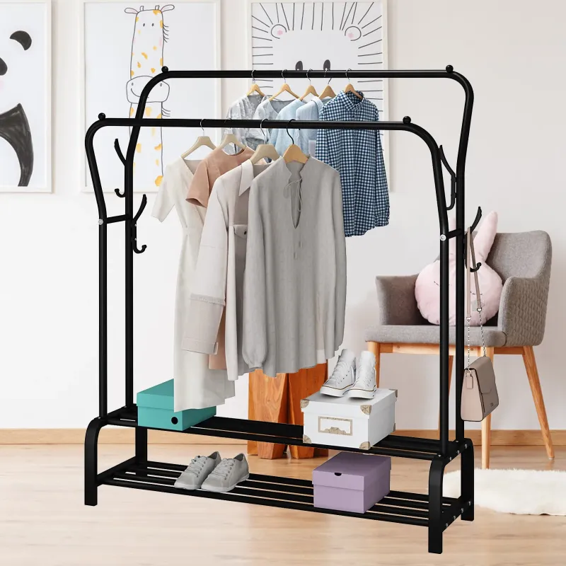 Photo 1 of *Small Scratches* Heavy Duty Clothing Garment Rack, Freestanding Hanger Double Rail Clothing Rack Multi-functional Bedroom Wardrobe Clothes Organizer Stand Double layer 2 Shoe Shelves
