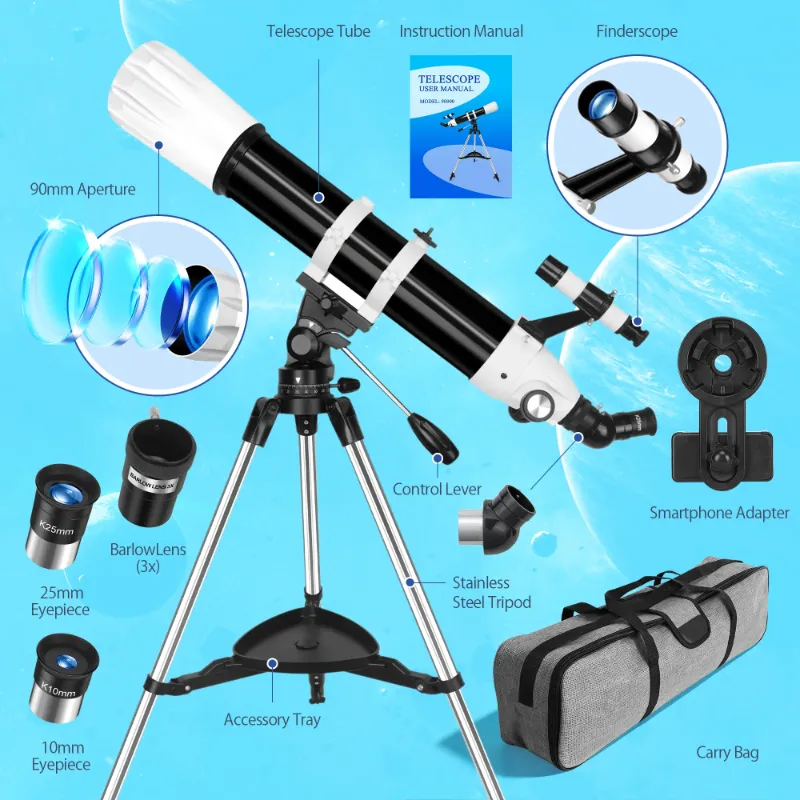 Photo 1 of *Small scratches/Dirty* Telescope for Adults High Powered, 90mm Aperture 900mm Professional Refractor with 36X–270X Magnification, Fully Multi-Coated with AZ Mount Tripod & Phone Adapter & Carry Bag
