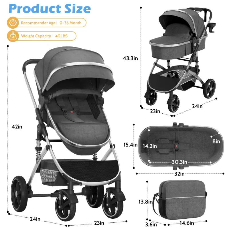 Photo 1 of *Scuffed* babyeap 2 in 1 Baby Stroller,Foldable Lightweight Carriage Reversible Bassinet Pram for Toddler,Travel Stroller with with Cup Holder?Storage Bag,Gray
