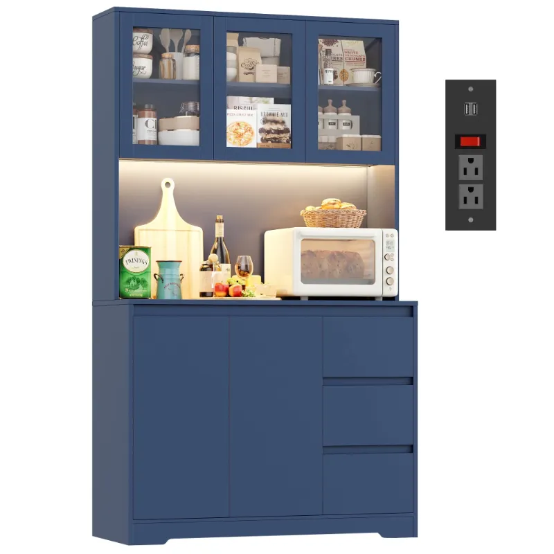 Photo 1 of *HEAVY* Homfa 70.9'' Kitchen Pantry Cabinet with Charging Station and LED Light, 3 Drawers Buffet Storage Cabinet with Glass Doors and Adjustable Shelves, Blue
