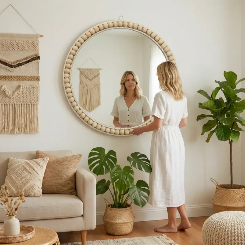 View 1 of *Needs to re-glue mirror to base* MEHOOM 20" Round Wall Mirror, Boho Hanging Round Mirror, Wall Decor for Bedroom, Bathroom, Living Room, Beige